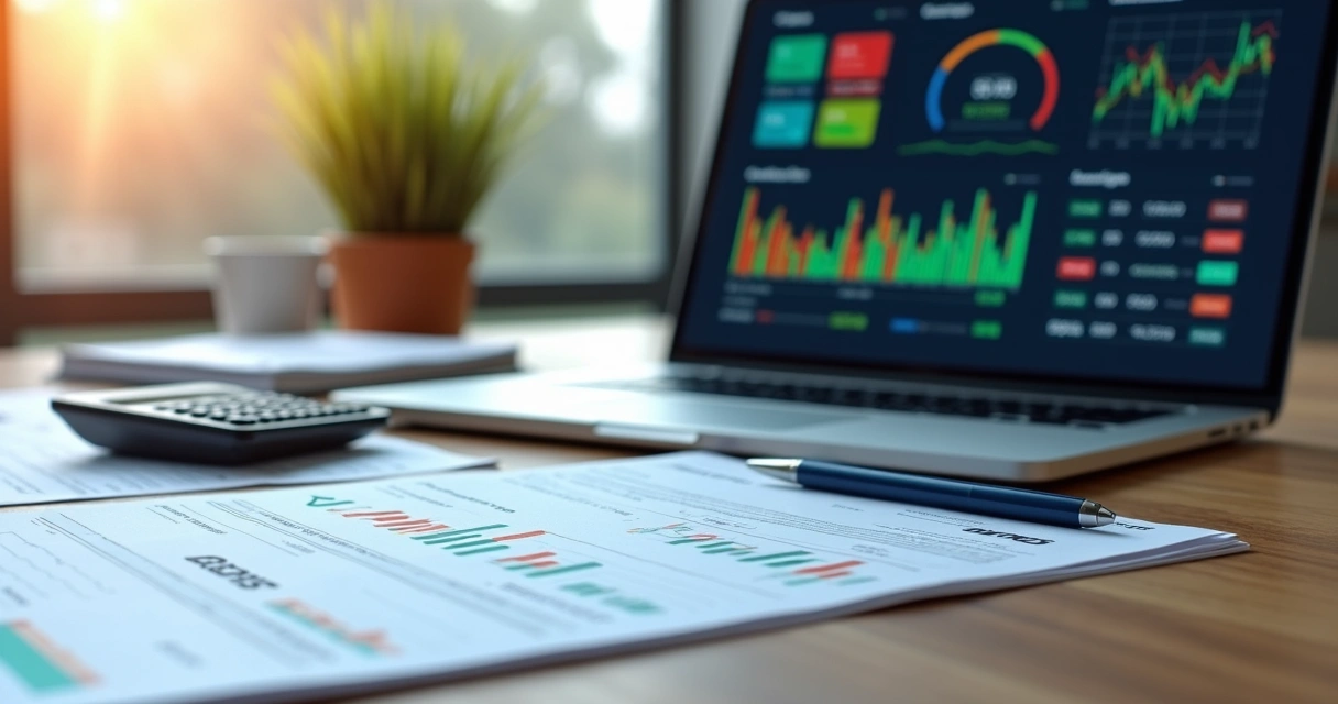 Mesa de trabalho com documentos fiscais, calculadora, laptop aberto mostrando sistema de gestão fiscal e gráficos financeiros ao fundo 