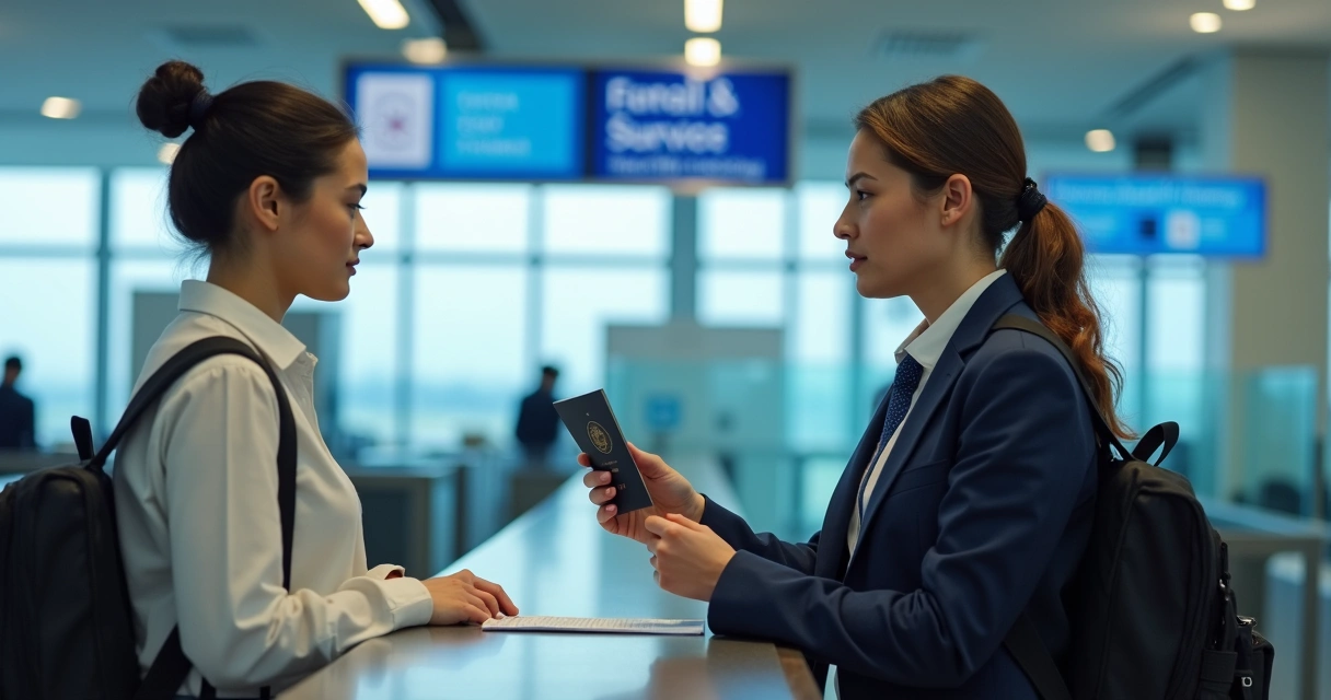 Imigração em aeroporto, agente e viajante trocando documentos 