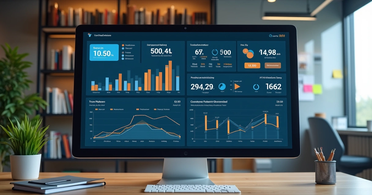 Painel de indicadores de desempenho de empresa de tradução com gráficos e números destacados