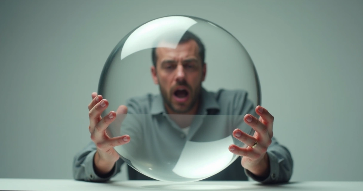 Homem tentando segurar uma bola de vidro que escapa das mãos