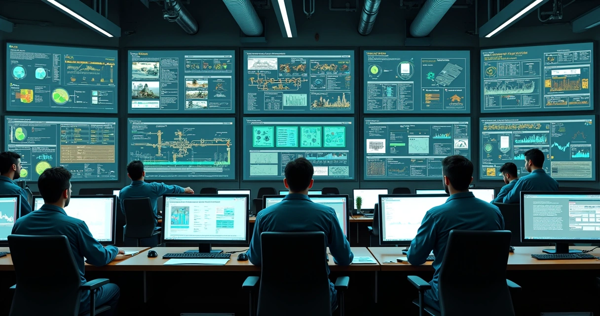 Painéis e monitores digitais exibindo dados de operação no centro de controle industrial 