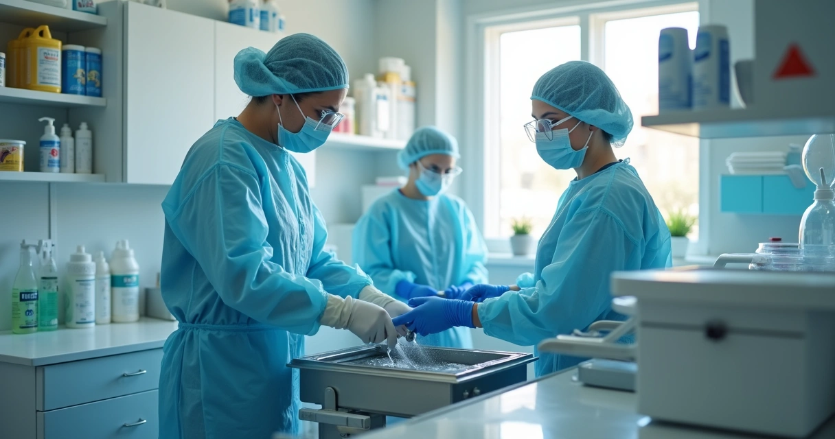 Equipe odontológica realizando controle de infecção na clínica 