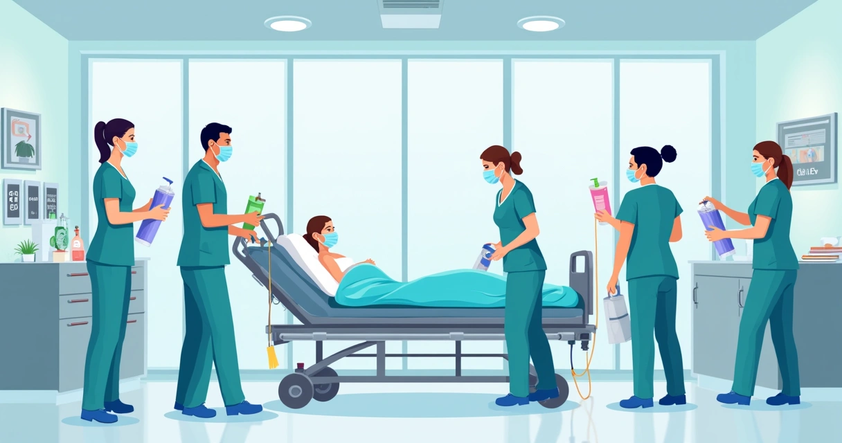 Equipe de saúde limpando e desinfetando leito hospitalar 