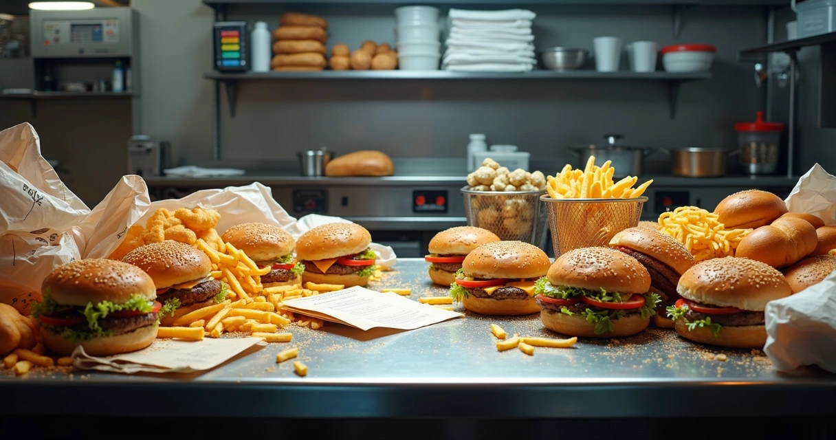 Bancada de lanchonete com ingredientes organizados e bagunçados lado a lado 