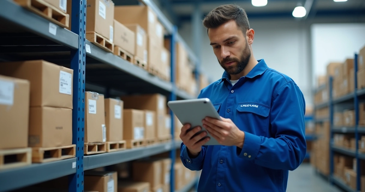 Funcionário de oficina conferindo estoque com tablet e caixas organizadas ao fundo 