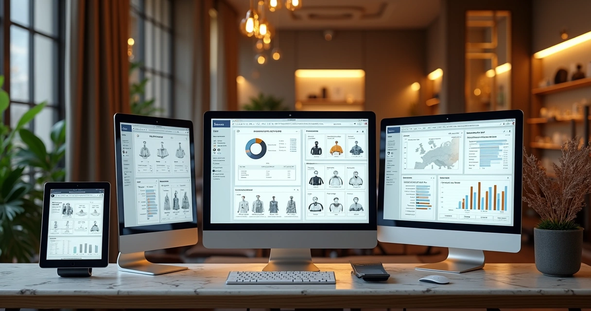 Exibição de múltiplas telas de sistema de gestão de loja de moda, mostrando estoque integrado, notas fiscais e vendas online, em ambiente sofisticado e limpo 