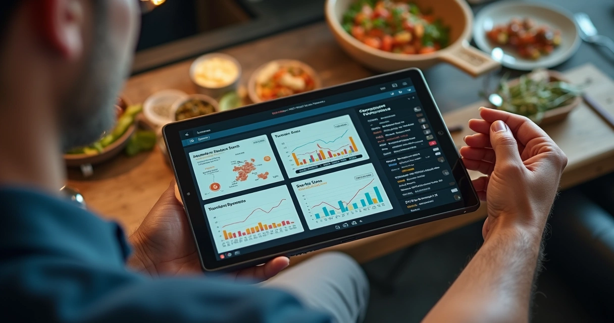 Gestor analisando relatório de movimentação do estoque em restaurante por meio de tablet 