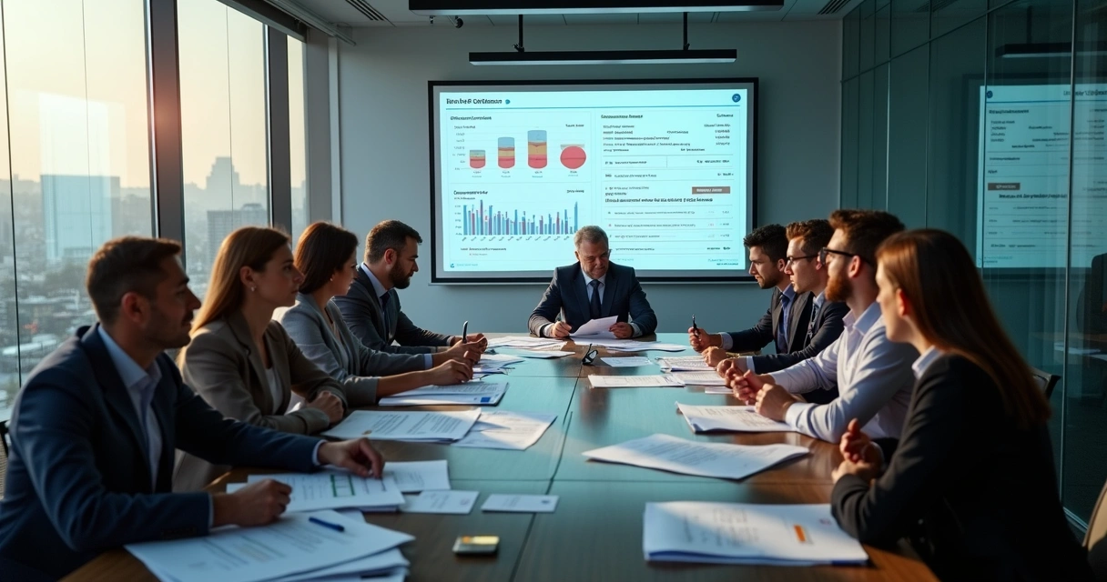 Equipe de compliance reunida ao redor de uma mesa analisando documentos e gráficos sobre background check 