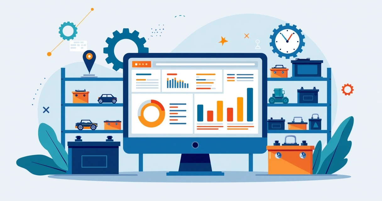 Ilustração corporativa de sistema de estoque inteligente para baterias automotivas com gráficos, alertas e prateleiras organizadas 