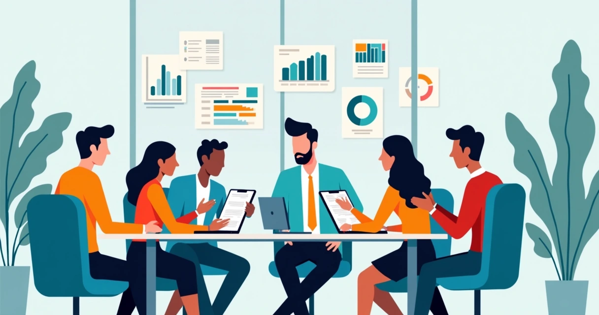 Equipe reunida ao redor de mesa analisando relatórios de controle interno.