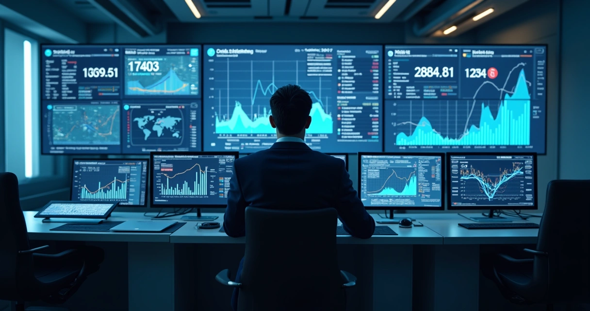 Sala de monitoramento bancário com telas exibindo transações e gráfico de segurança 