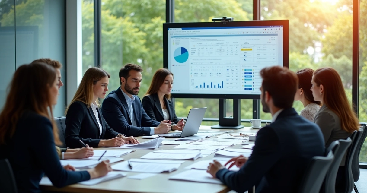 Equipe discutindo controle interno com documentos em mesa 
