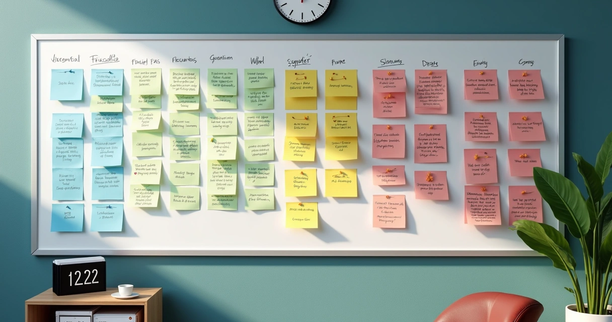 Quadro branco com checklist de obrigações acessórias, cores diferentes para cada categoria fiscal 