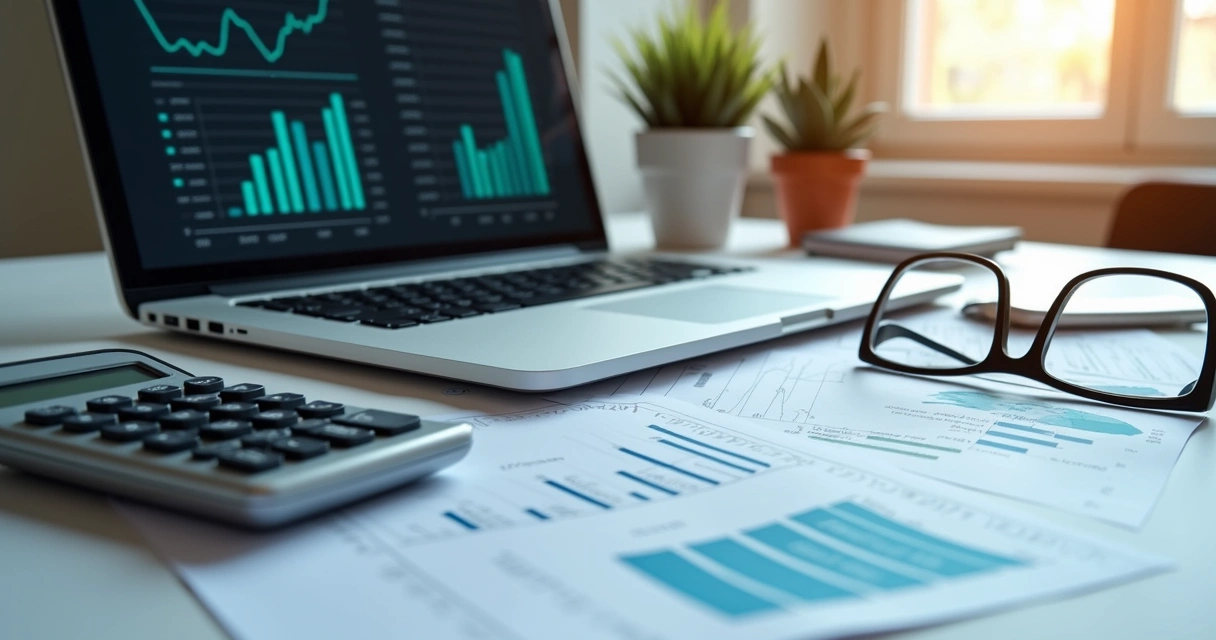Mesa de escritório com laptop, documentos financeiros e calculadora, destacando controles internos financeiros 