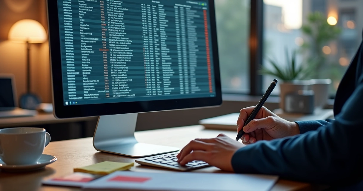 Profissional de TI analisando lista de domínios em tela de computador 