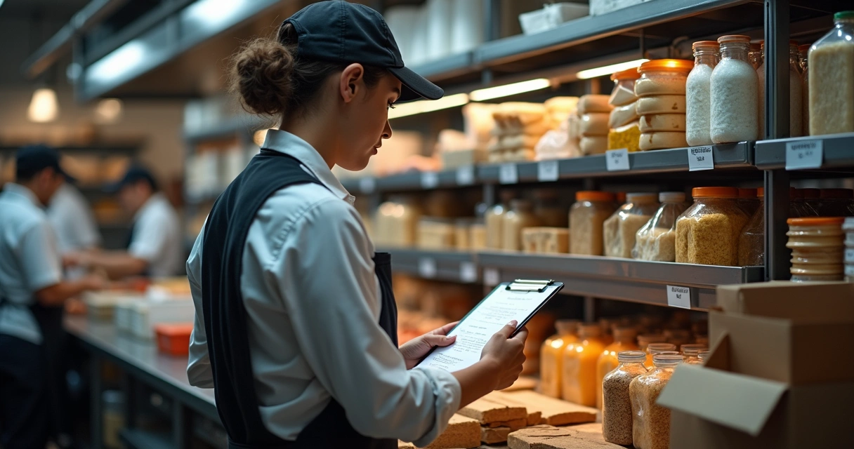 Funcionário realizando inventário em prateleira de restaurante. 