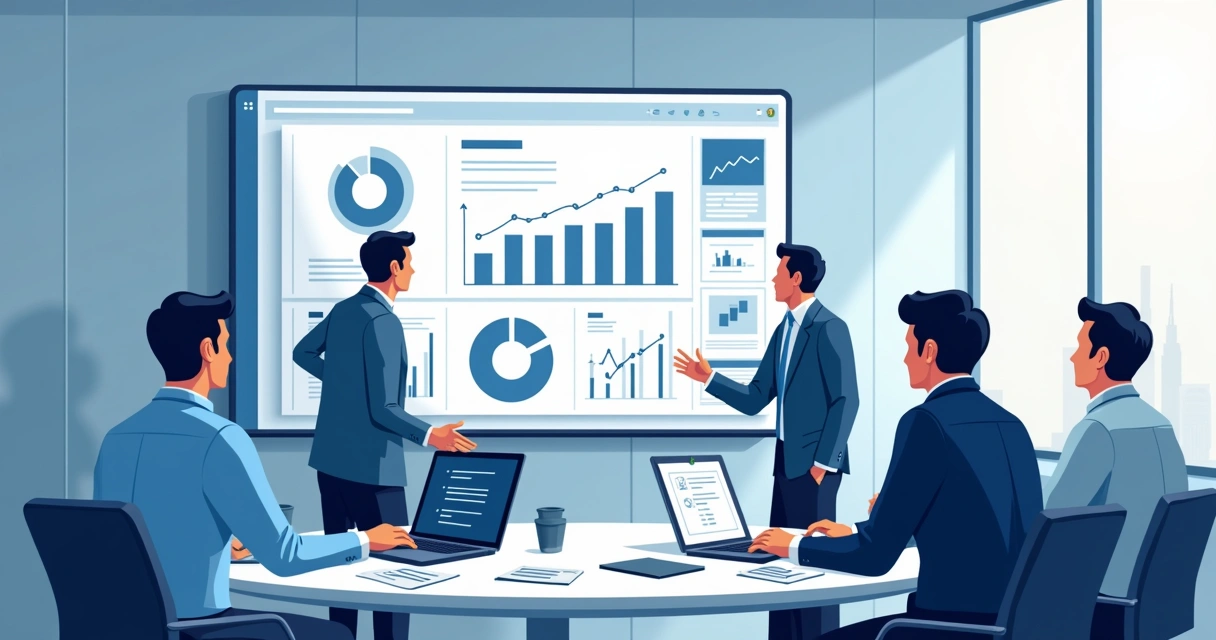 Profissionais reunidos analisando painel de estoque digital 
