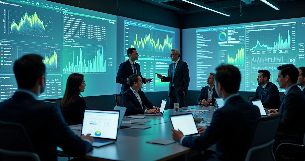 Equipe analisando gráficos financeiros em grande tela digital 