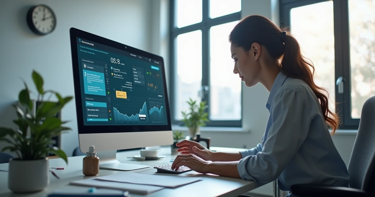 Painel de sistema de ponto digital exibido em computador moderno, com funcionário consultando dados em ambiente de escritório 