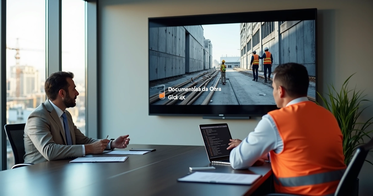 Advogado e engenheiro analisam vídeo de obra em tela grande para controle jurídico 