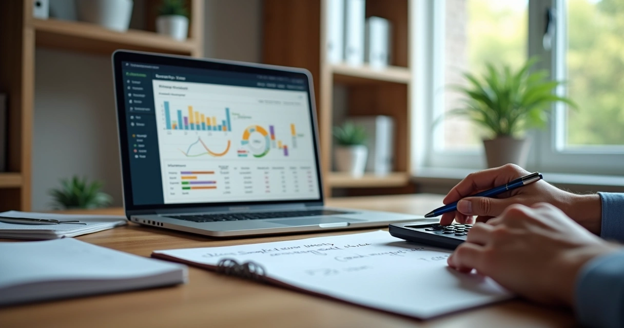 Pessoa controlando juros de empréstimos em laptop com gráficos e planilha 
