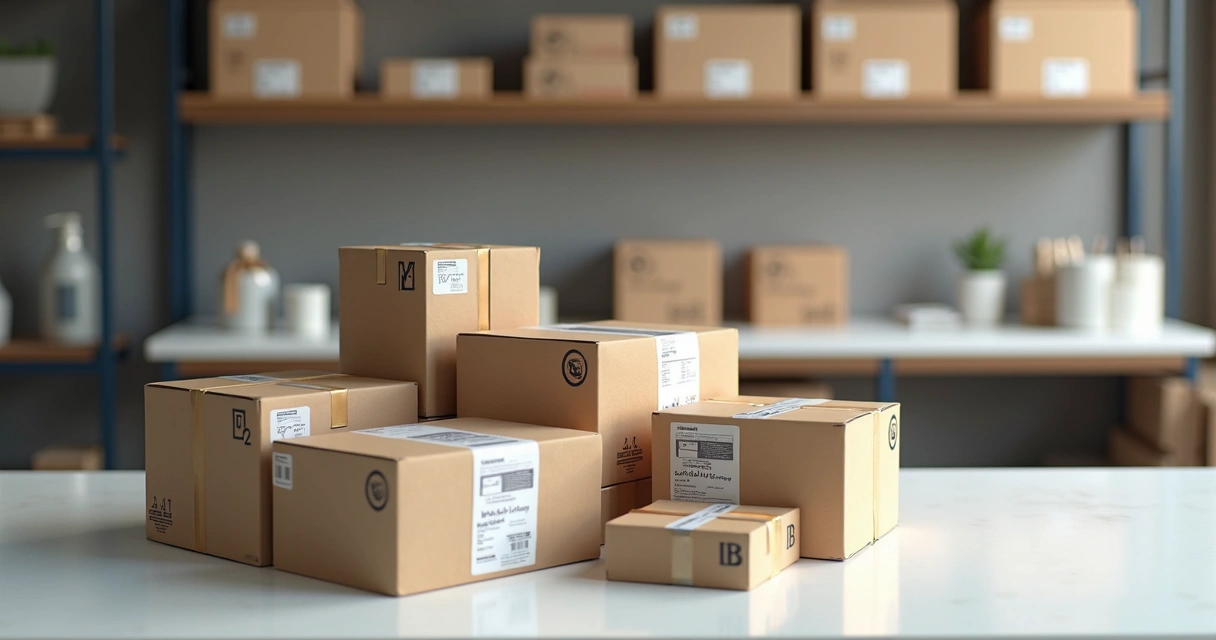 Kit de produtos prontos organizados para venda em e-commerce com embalagens, etiquetas e elementos digitais de gestão ao fundo 