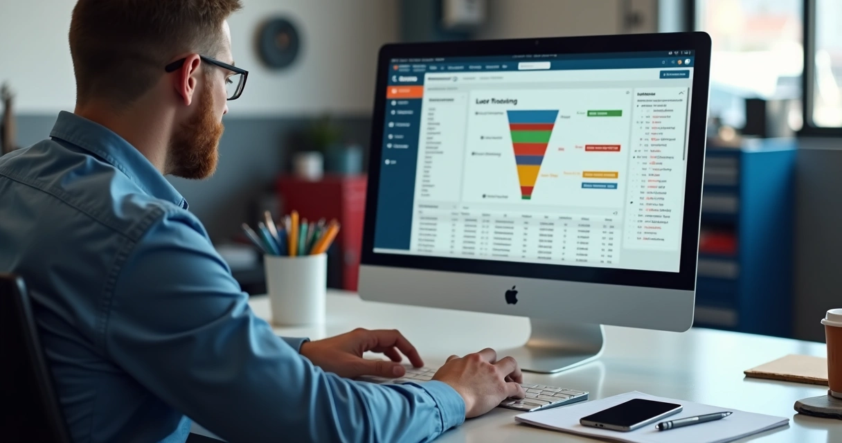 Gestor de oficina usando computador com tela mostrando lista de clientes e funil de vendas 