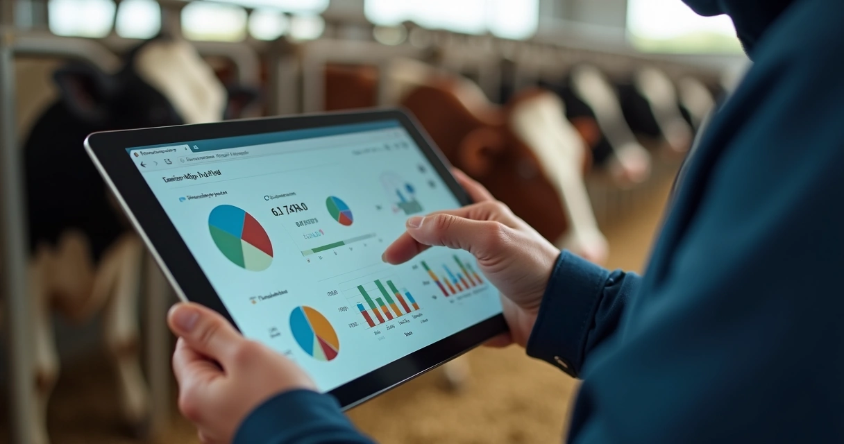 Controle leiteiro digital em tablet durante a ordenha na fazenda 