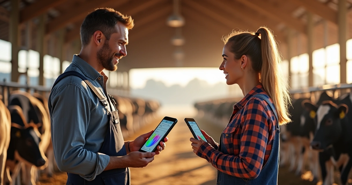 Dois produtores rurais consultando o aplicativo de gestão de rebanho em um galpão, visualizando gráficos de produção no tablet e celular 