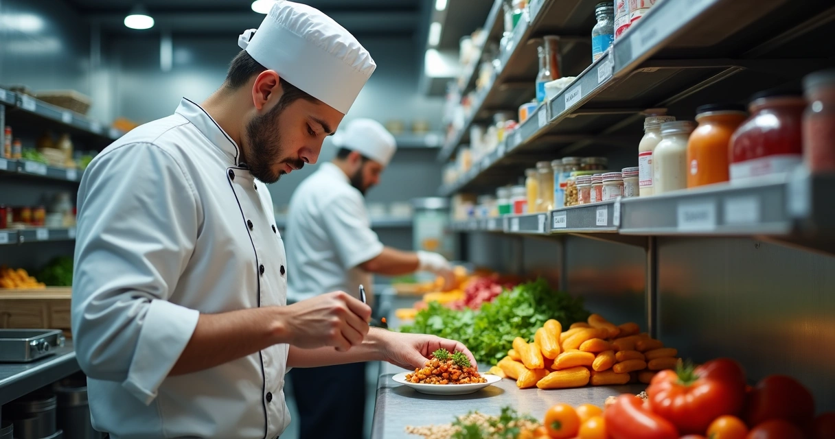 Chef marcando informações em etiquetas de ingredientes estocados 