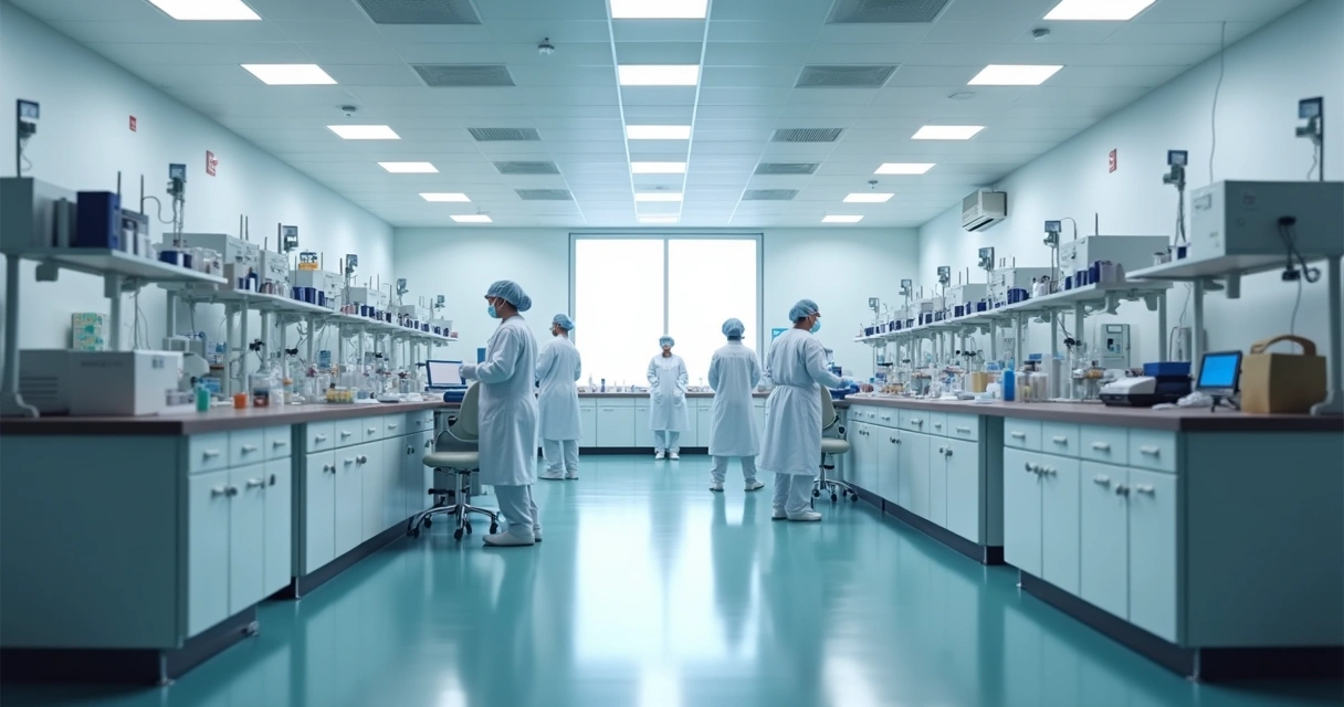 Equipe de laboratório em ambiente limpo conferindo formulações em bancada 