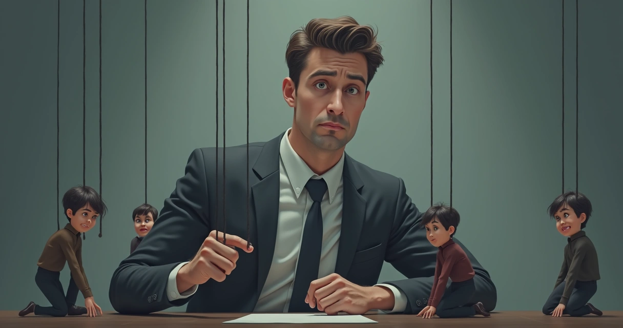 Pessoa sentada segurando marionete com fios ligados a pessoas menores em segundo plano. 