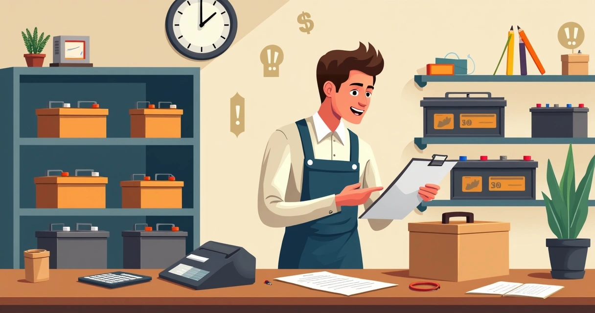 Pessoa conferindo inventário de baterias no papel 
