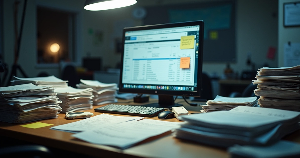 Mesa de escritório com pilhas de documentos fiscais desorganizados e computador com planilha aberta 