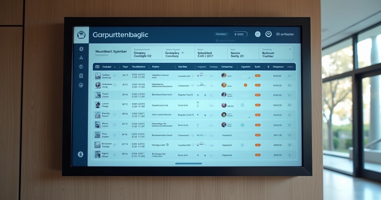 Quadro digital com controle de manutenção predial mostrando datas, status e responsáveis 