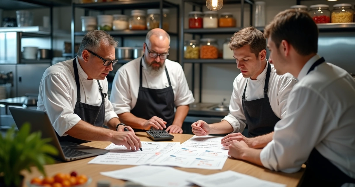 Chefe de cozinha em restaurante analisando tabela de custos junto ao time 
