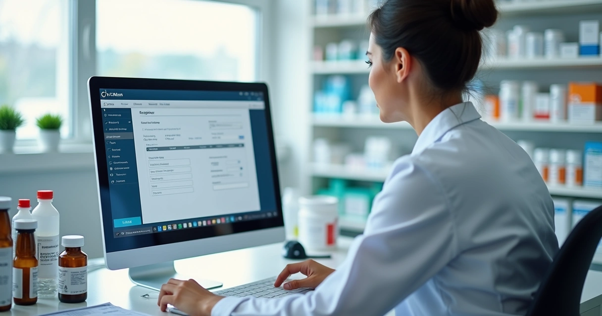 Funcionário de farmácia usando computador para registrar medicamentos