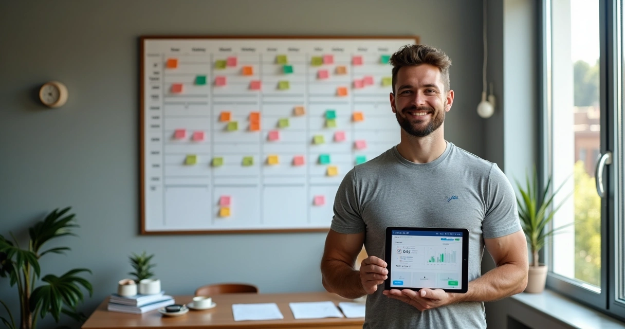 Pequeno empresário organizando mensalidades de clientes em quadro colorido 