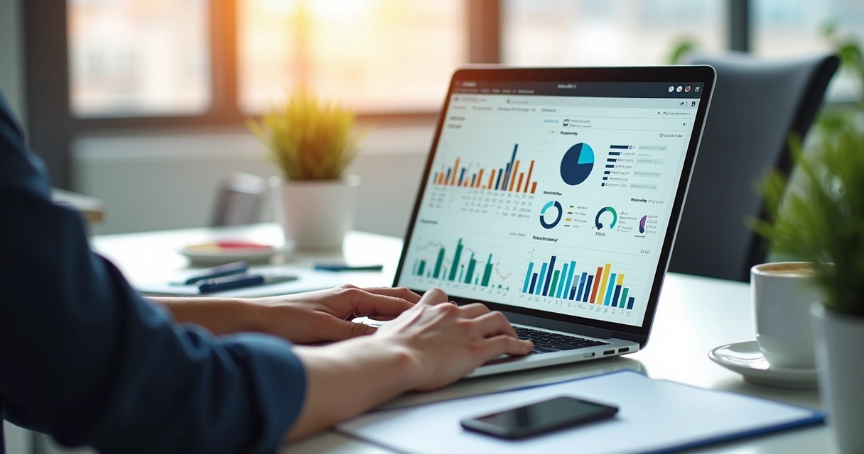 Pessoa usando CRM no laptop para definir e controlar metas comerciais com gráficos e indicadores na tela 