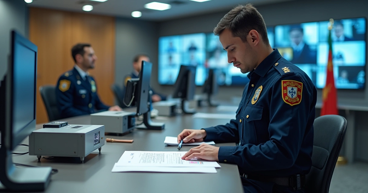 Agente da Polícia de Segurança Pública portuguesa conferindo documentos de imigração em ambiente sofisticado 
