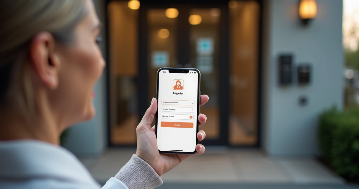 Moradora usando aplicativo de condomínio para registrar visitante 