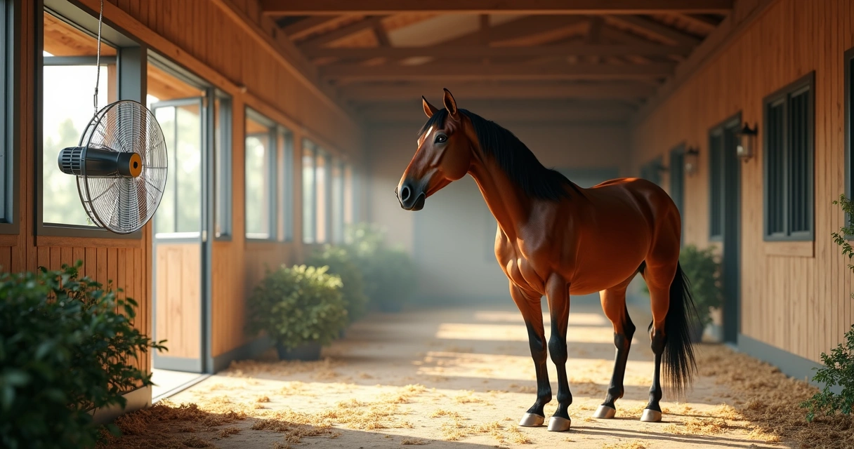 Cavalo em estábulo limpo com armadilha e ventilador para controle de moscas 