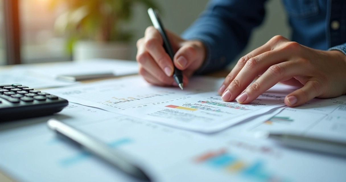 Mãos registrando movimentações financeiras em uma planilha 