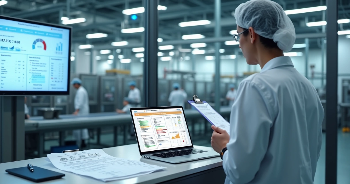 Gestor analisando checklist de não conformidades em indústria de alimentos 