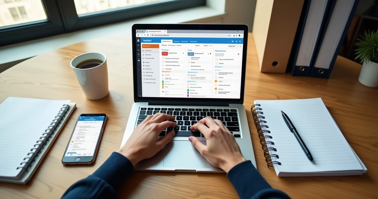 Profissional digitando em laptop analisando lista de prazos em ambiente de escritório 