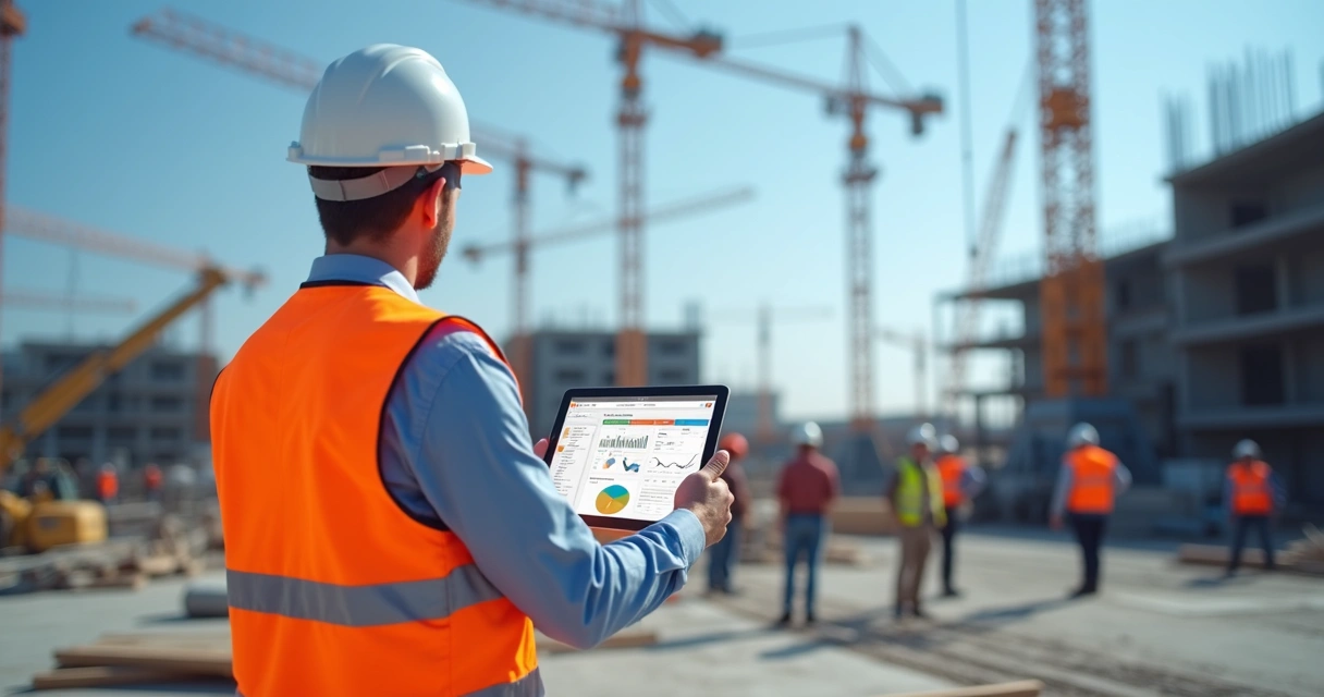 Profissional da construção usando tablet com software de gestão no canteiro de obras moderno com máquinas e trabalhadores ao fundo 