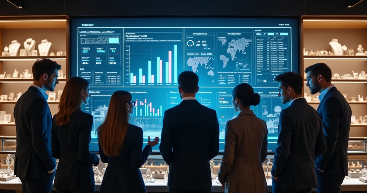 Colaboradores de joalheria analisando painel de metas digitais 