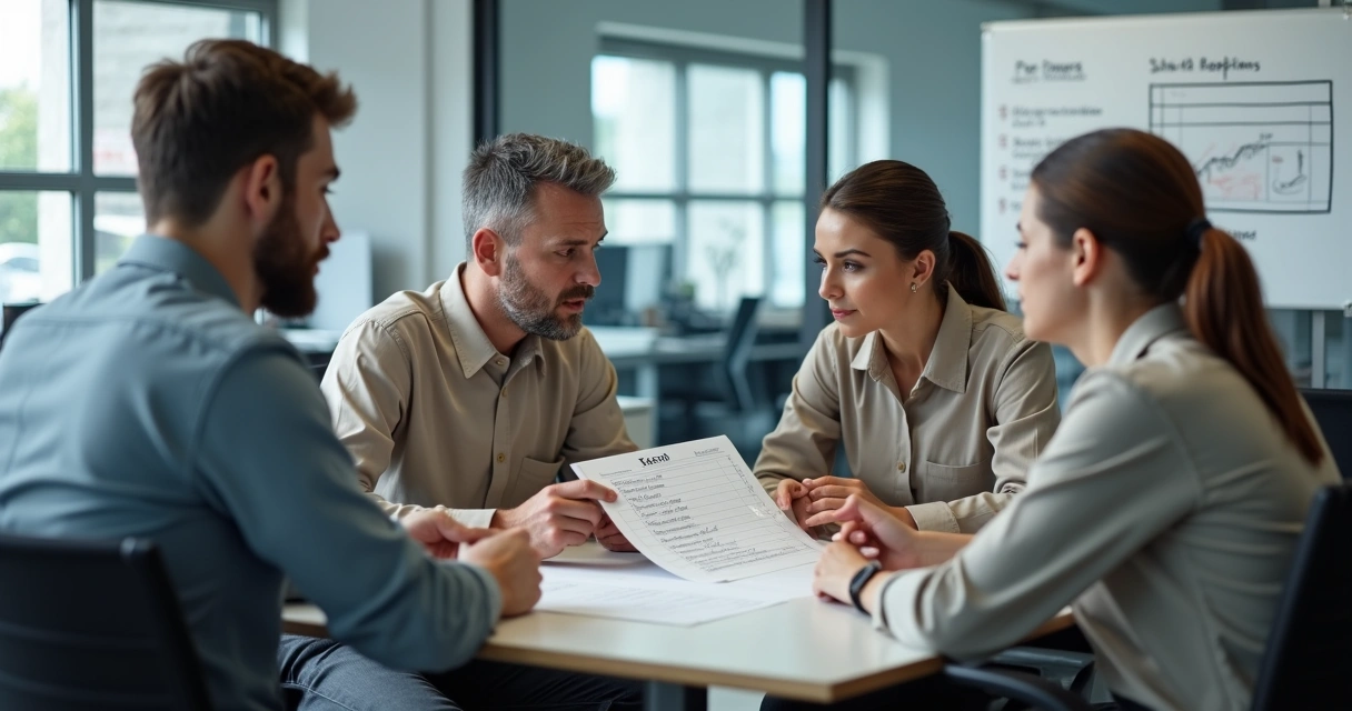 Ambiente interno de empresa de estética automotiva com gerente e equipe revisando checklist 