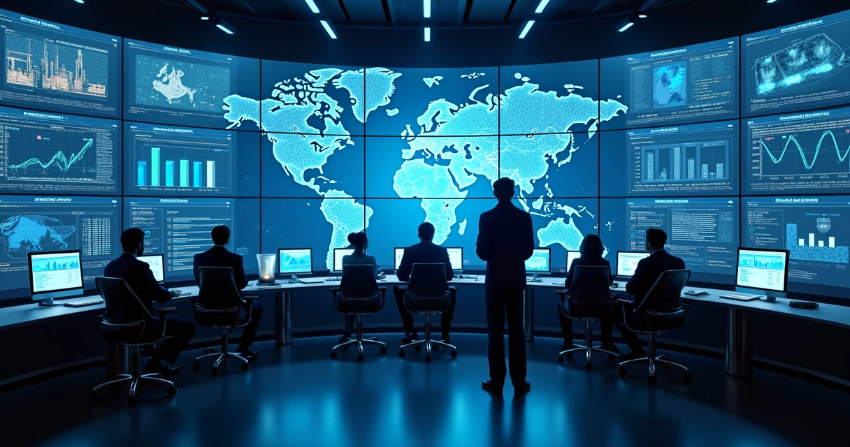 Equipe de gestores analisando dashboards em várias telas, com mapas e gráficos de operações espalhadas, luzes azuis, ambiente corporativo moderno 