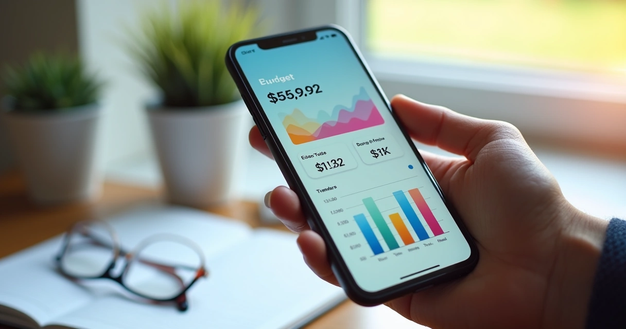 Pessoa segurando celular com app de controle financeiro aberto 